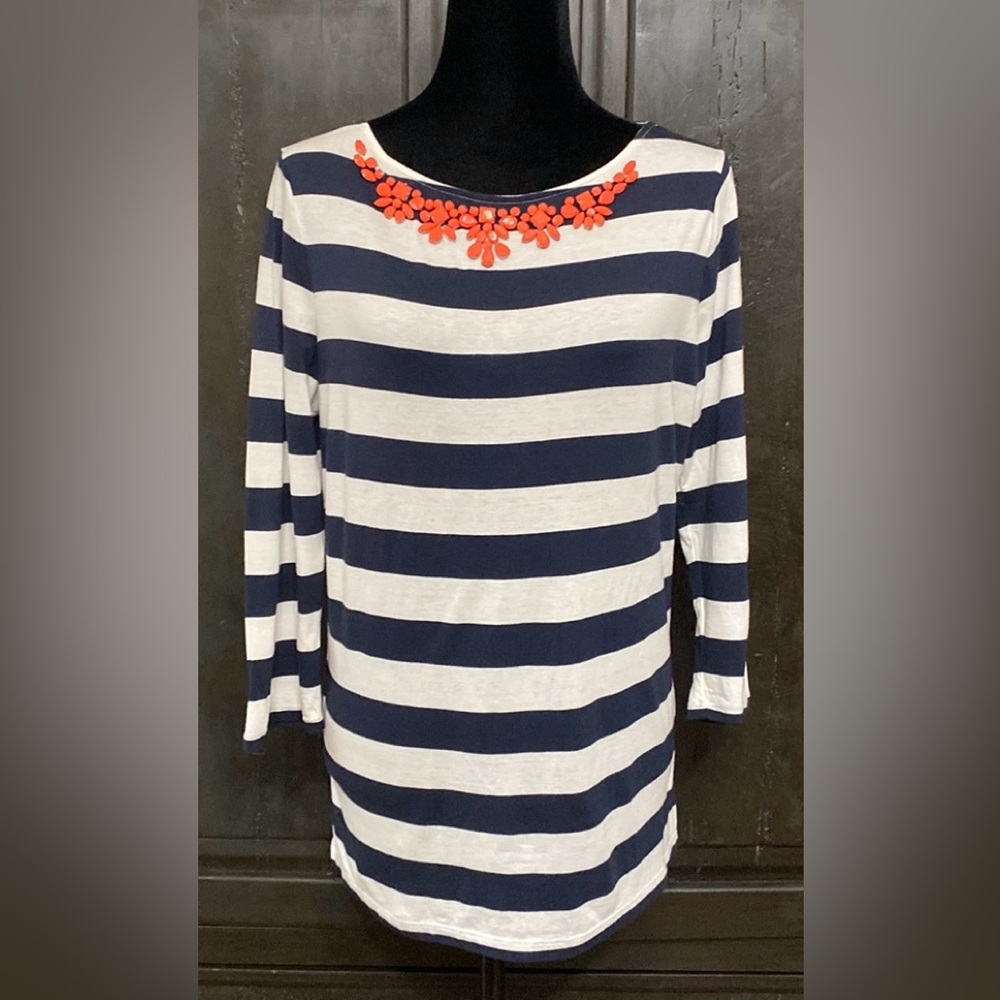 JCPennys white /blue qtr sleeves OS Tunic with orange beads - Size Large